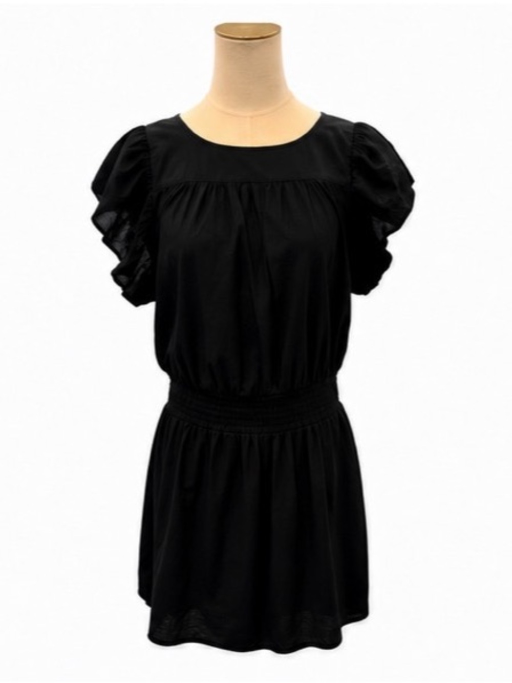 Lilla P Black 100% Cotton Flutter Sleeve Smocked Waist Mini Dress Medium